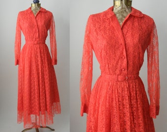 Vintage Dress, 1950s Lace Dress, Pink Lace Gown, Vintage Lace Gown, Retro 50s Dress, Lace Maxi Dress, Vintage Maxi Dress, 50s Red Lace Gown