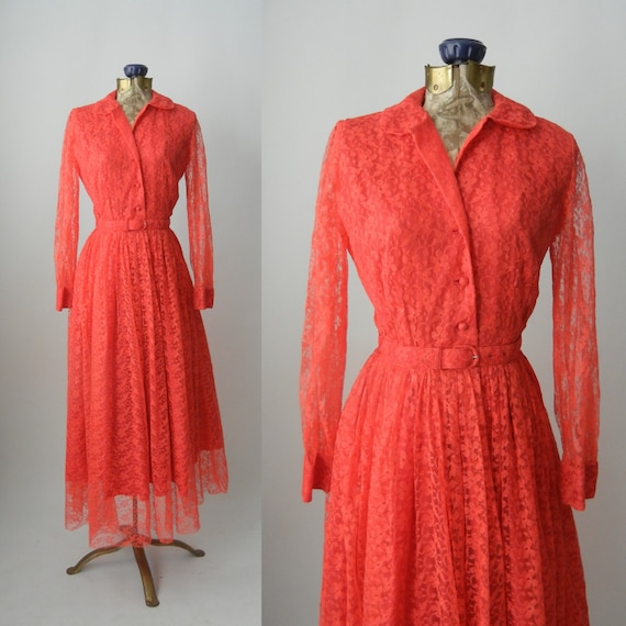Vintage Dress, 1950s Lace Dress, Pink Lace Gown, V