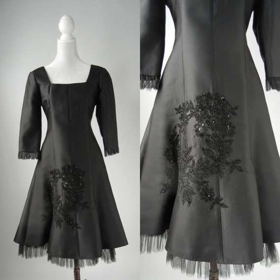 Vintage Black Dress, Retro Black Silk Party Dress,