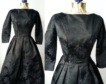 1950s Dress, Vintage Dress, Black Vintage Dress, 50s Black Dress, Retro 50s Dress, Black Satin Dress, Satin Damask Dress, Formal Black Dress
