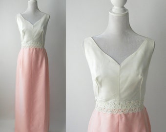 Vintage 1950s Gown, Vintage Pink Wedding Dress, Vintage 50s White & Pink Dress, Formal 50s Gown, Vintage Linen Pink Gown