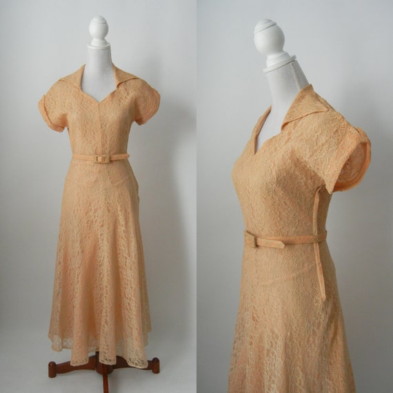 Vintage 1940s Light Brown Lace Belted Dress, Weddi