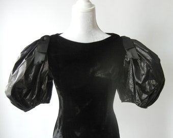 Vintage Retro 1980s Black Velvet Dress with Puff Sleeves