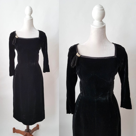 Vintage 1950s Black Velvet and Silk Party Dress by
