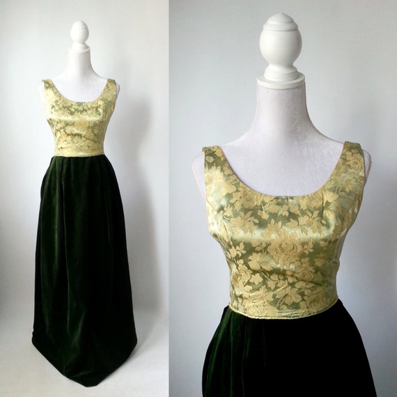 Vintage Gown, Gold Vintage Dress, Green Vintage Dr