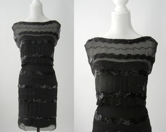 vintage 1950s Little Black Silk Chiffon Dress par Frank Starr