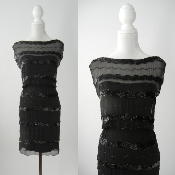 Vintage 1950s Little Black Silk Chiffon Dress by F