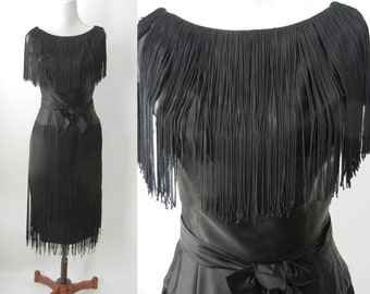 Vintage 1960s Black Fringed Flapper Style 1920s Satin Dress