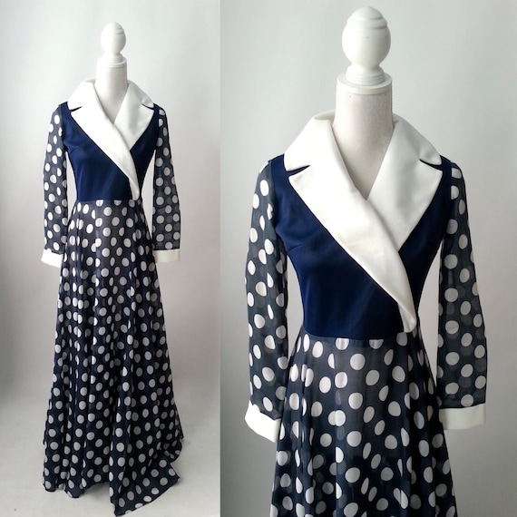 Vintage Dress, Polka Dot Dress, Navy Blue Vintage