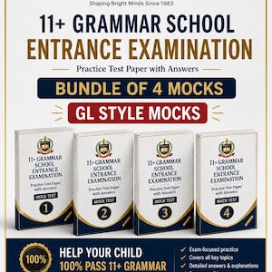 May include: A digital bundle of four 11+ Grammar School Entrance Examination practice test papers with answers. The white covers feature the Bright Minds School logo, the text GL Style Mocks, and numbered labels from one to four. Includes PDF format.