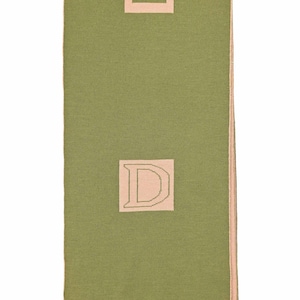 May include: Green scarf with the word "DIC" in light pink at the top and a light pink "D" in a square at the bottom. The scarf has a solid green background and a light pink border.
