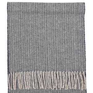 May include: A rectangular gray scarf with a herringbone pattern and a fringe. The scarf has a dark blue border and a neutral-colored fringe. The scarf is made of a soft, woven material.