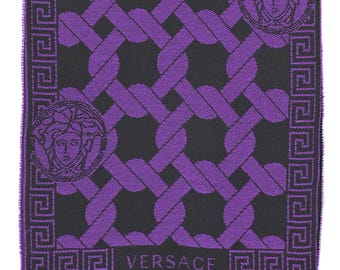 VERSACE ヘリンボーンマフラーメデューサ 黒/紫 Genuine Versace Vintage Wool Purple/black Scarf in Very Good