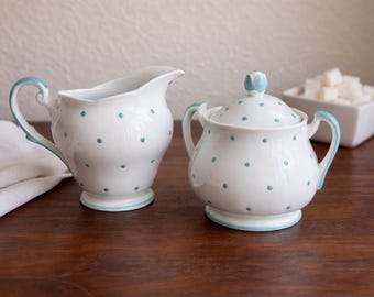 Vintage Royal Standard China Sugar Bowl Creamer Set – Turquoise Polka Dot Mid Century