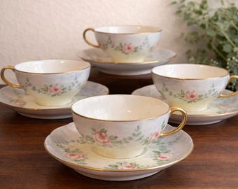 Antique Set of 4 Teacups and Saucers - Wm Guerin & Co. Limoges - Pink Rose Garland