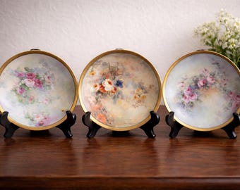 Antique Set of 3 Hand-painted Floral Plates - Jean Pouyant Limoges- Limoges, France