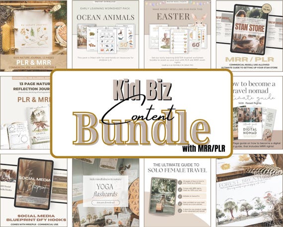 Kids Biz Bundle PLR MRR Digital Products: Educational Printables, Colouring Pages, Flash Cards, Journals, Wall Art, Worksheets and more.