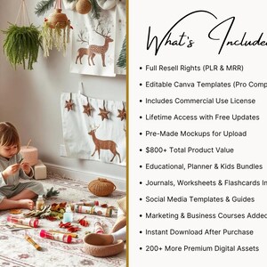May include: A child sits on a patterned rug surrounded by craft supplies. Behind the child, festive decorations include hanging greenery, star ornaments, and deer-themed wall hangings. The text "What's Included" lists digital assets.