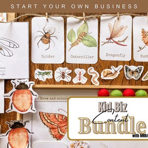 May include: A collection of insect-themed educational materials. Includes illustrated cards of a spider, caterpillar, dragonfly, and butterfly. Additional insect stickers and the text "Kid Biz Content Bundle with MRR/PLR" are also visible.