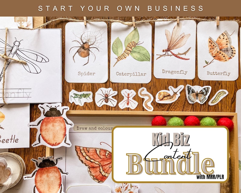 May include: A collection of insect-themed educational materials. Includes illustrated cards of a spider, caterpillar, dragonfly, and butterfly. Additional insect stickers and the text "Kid Biz Content Bundle with MRR/PLR" are also visible.