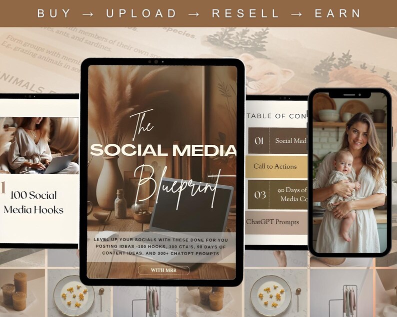 May include: A digital marketing guide titled "The Social Media Blueprint" displayed on a tablet and smartphone. The tablet shows a laptop and vase. The smartphone shows a woman holding a baby. The image includes text: "100 Social Media Hooks".