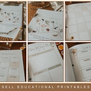 May include: A collection of educational printables, including lesson planners and weekly schedules. The designs feature botanical illustrations in muted tones, with text such as "Lesson Planner" and "Nature Unit Lesson Plan". The overall aesthetic is natural and minimalist.