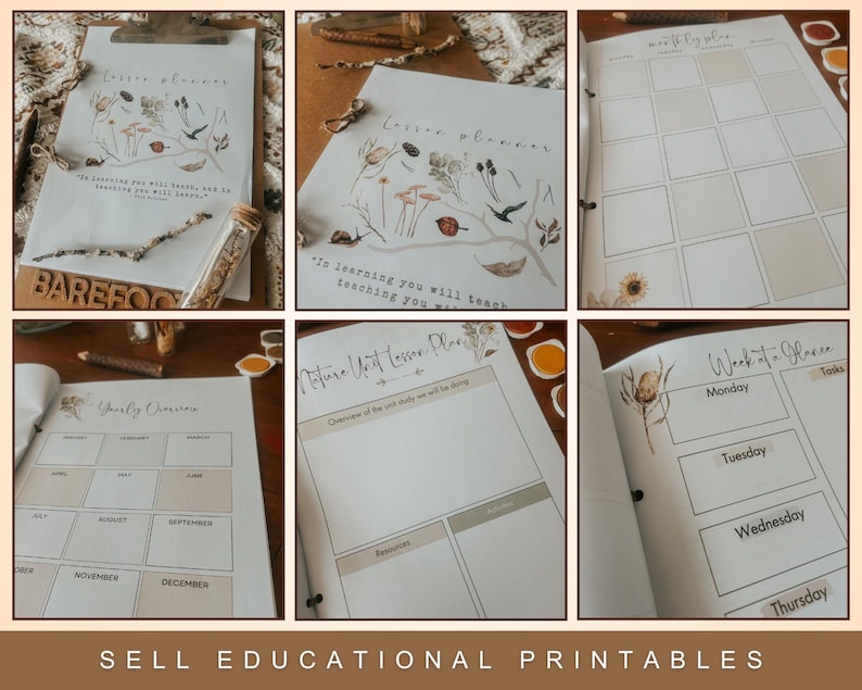 May include: A collection of educational printables, including lesson planners and weekly schedules. The designs feature botanical illustrations in muted tones, with text such as "Lesson Planner" and "Nature Unit Lesson Plan". The overall aesthetic is natural and minimalist.