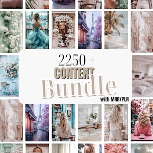 May include: A collection of lifestyle images with a central text overlay stating "2250+ CONTENT Bundle with MRR/PLR". The images showcase diverse scenes, including travel, fashion, and interior design, in soft, pastel hues.