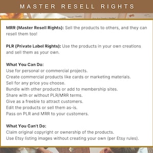 May include: A rectangular graphic with the text "MASTER RESELL RIGHTS" at the top. The graphic explains MRR and PLR, detailing what users can and cannot do with the products, such as selling them or using them in commercial projects.