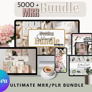 Puede incluir: Un paquete de productos digitales con el texto "5000+ MRR Bundle" y "Ultimate MRR/PLR Bundle". La imagen muestra varios dispositivos digitales, incluyendo un portátil, un ordenador de sobremesa, una tableta y un teléfono, mostrando productos digitales. También hay una taza de café y flores rosas.