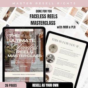 Könnte beinhalten: Zwei Tablets zeigen den Text "Faceless Reels Masterclass" mit "MRR & PLR" und "Resell as Your Own". Die Tablets zeigen Seiten mit Text und Bildern. Der Hintergrund enthält Seiten mit Text und Bildern.