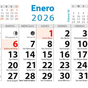 Puede incluir: Calendario en español para enero de 2026, con la fecha y el nombre de cada día en negrita. El calendario incluye los días de la semana, las fases lunares y festivos religiosos. La palabra "Enero" y el año "2026" son azules.