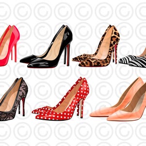 May include: A collection of high-heeled shoes in diverse designs and colours. Styles include red, black, leopard print, zebra print, lace, red polka dots, and peach. All shoes have pointed toes and stiletto heels.