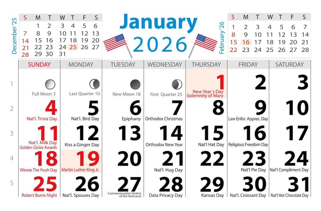 Calendrier 2026 des ÉtatsUnis (USA) avec jours fériés nationaux