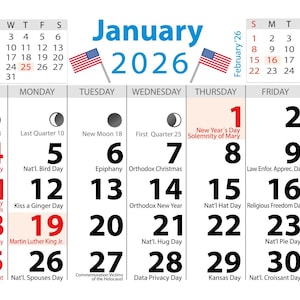 Peut inclure: Calendrier de janvier 2026 avec le drapeau américain, affichant les dates et les jours fériés. Comprend les dates de décembre '25 et février '26. Les dates clés incluent le jour de l'An et le jour de Martin Luther King Jr. Mesures non applicables.