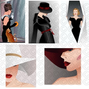 Illustrations of elegant women, fashion, Audrey Hepburn, Breakfast at Tiffany's, Grace Kelly, Princess of Monaco, hat, trench coat