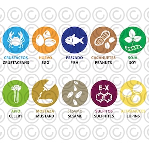 Alérgenos alimentos para menús y cartas de bares y restaurantes, en español e inglés, en color y en blanco y negro, vector editable
