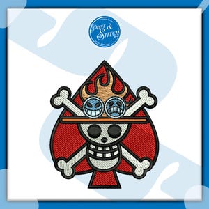 May include: Embroidered patch featuring a red spade shape with a skull and crossbones design. The design includes a skull wearing a hat, crossed bones, and flames. The patch also has the text "Print & Stitch" in a circle.