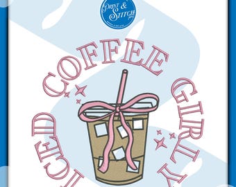 Diseño de bordado del logotipo femenino de café helado / Archivo de bordado a máquina digital / Descarga instantánea