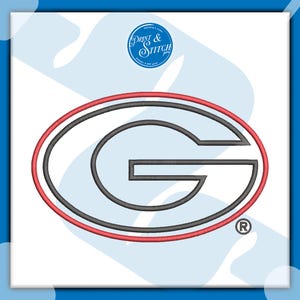May include: Embroidered design featuring the letter "G" inside an oval. The design has a black outline with a red border. The logo is on a white background with a blue border. The Print & Stitch logo is in the upper left corner.