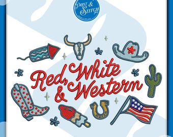 Diseño de bordado del logotipo del oeste americano, rojo y blanco / Archivo de bordado a máquina digital / Descarga instantánea