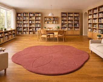 Pink Flower Wool Area Rug, Hand Tufted Organic Rug, Modern Abstract Floral Carpet, Unique Bedroom & Living Room Home Decor