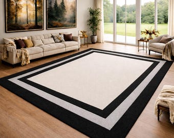 Hand Tufted Rug Black Border Cream Modern Wool Area Rugs for Living Room Large Bedroom Custom Minimalist Aesthetic Home Decor Carpet Rug