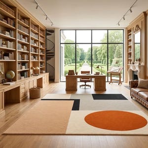 May include: A large area rug featuring a geometric pattern with a prominent orange circle, a large peach rectangle, and black and gray blocks on a light background, placed in a spacious home office with wooden bookshelves and a leather sofa.