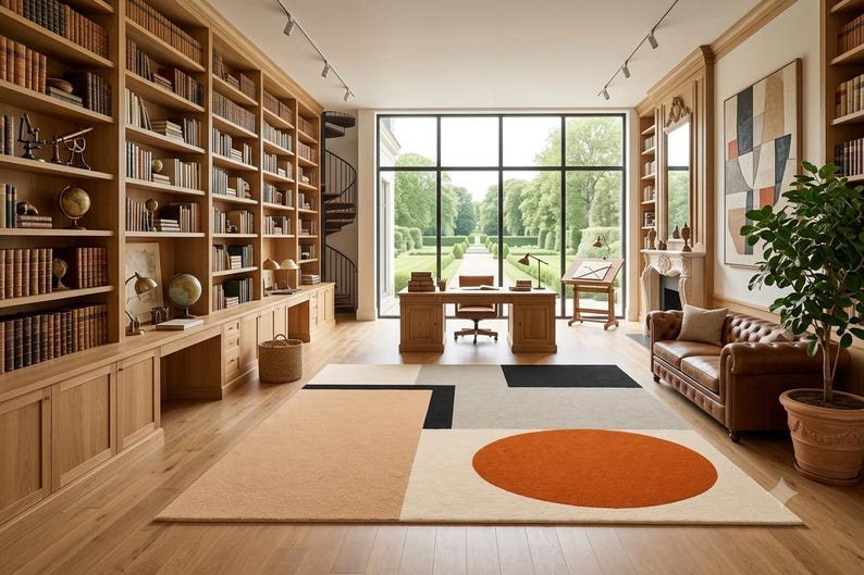 May include: A large area rug featuring a geometric pattern with a prominent orange circle, a large peach rectangle, and black and gray blocks on a light background, placed in a spacious home office with wooden bookshelves and a leather sofa.