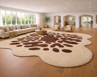 Hand-Tufted Wool Area Rug: Beige & Brown Irregular Abstract Carpet