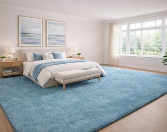 Hand-Tufted Wool Area Rug: Solid Sky-Blue Modern Carpet