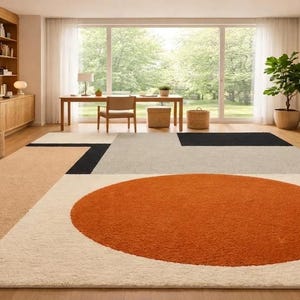 May include: A large rectangular area rug featuring a geometric design with a prominent burnt orange circle, a black rectangular accent, and blocks of beige, cream, and light gray. The rug has a textured, plush pile surface and covers the floor.