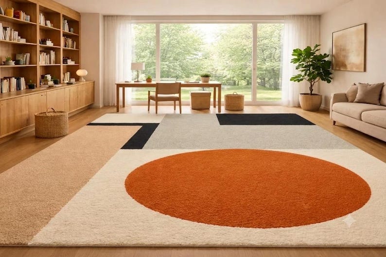 May include: A large rectangular area rug featuring a geometric design with a prominent burnt orange circle, a black rectangular accent, and blocks of beige, cream, and light gray. The rug has a textured, plush pile surface and covers the floor.