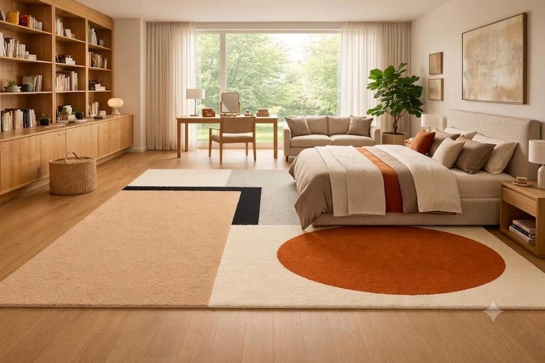 May include: A large rectangular area rug featuring a geometric design with a prominent burnt orange circle, a large beige block, and smaller black and gray rectangular accents on a cream-colored background, crafted with a soft, textured pile finish.